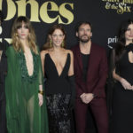 
              Sebastian Chacon, Suki Waterhouse, Riley Keough, Sam Claflin, Camila Morrone and Josh Whitehouse, from left, arrive at the premiere of "Daisy Jones and The Six," Thursday, Feb. 23, 2023, at TCL Chinese Theatre in Los Angeles. (Photo by Jordan Strauss/Invision/AP)
            