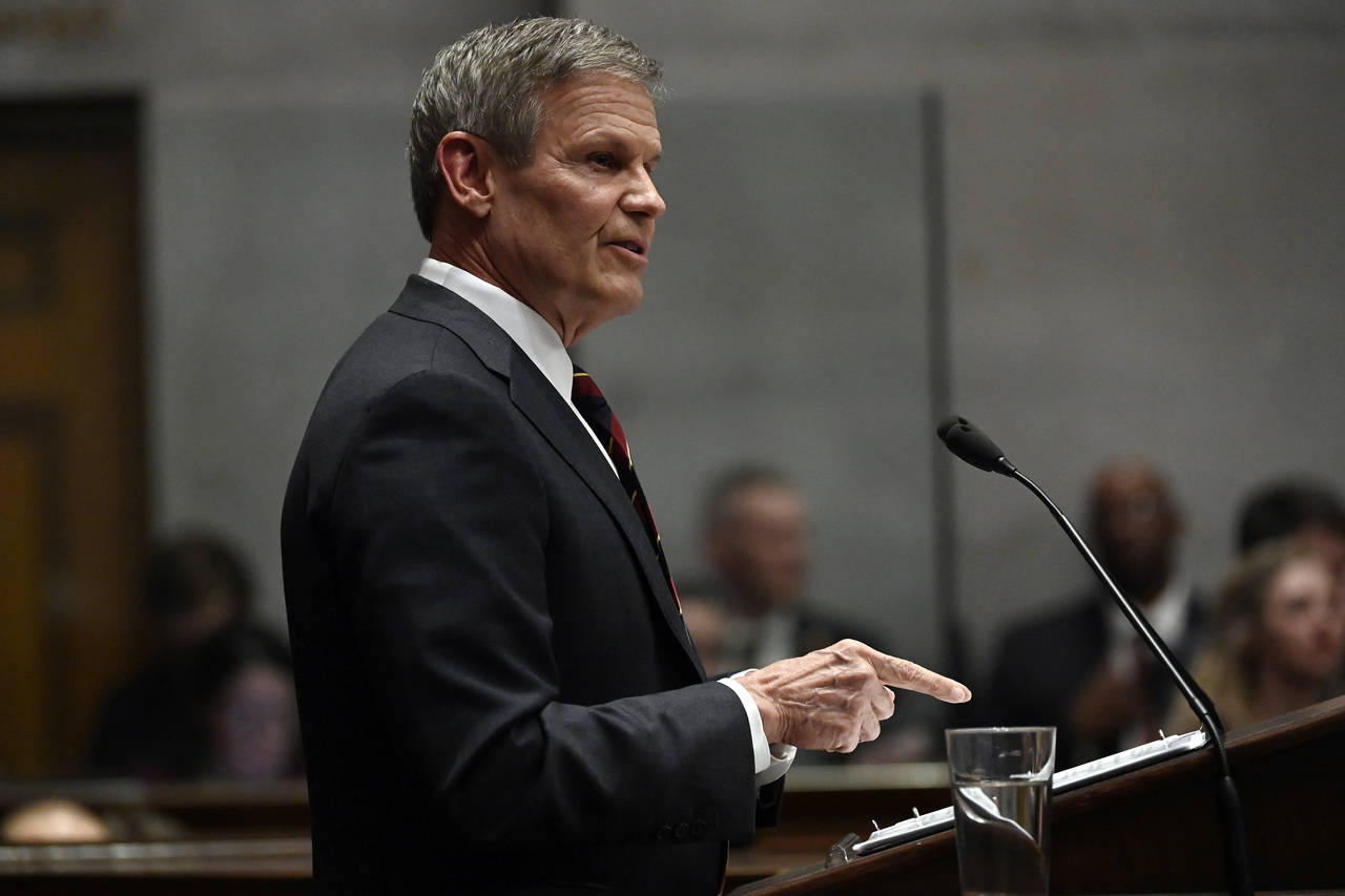 Tennessee Gov. Bill Lee delivers his State of the State Address in the House Chamber, Monday, Feb. ...