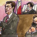 In this courtroom sketch, attorney Alex Spiro gives his closing argument as Elon Musk, right, and Judge Edward M. Chen, center, look on, in federal court in San Francisco, Friday, Feb. 3, 2023. (Vicki Behringer via AP)