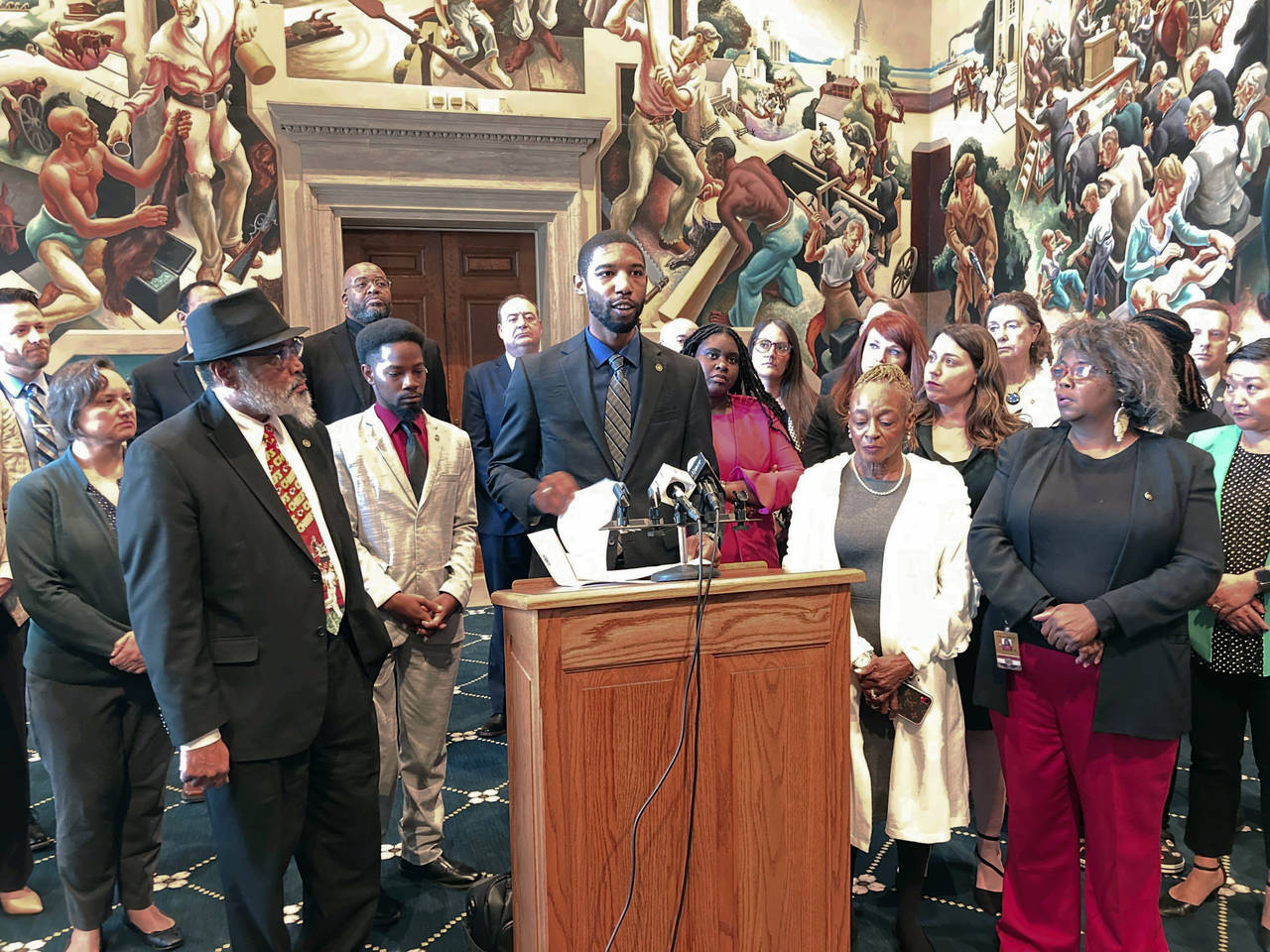 FILE - Missouri state Rep. Kevin Windham speaks to reporters during a press conference Thursday, Fe...