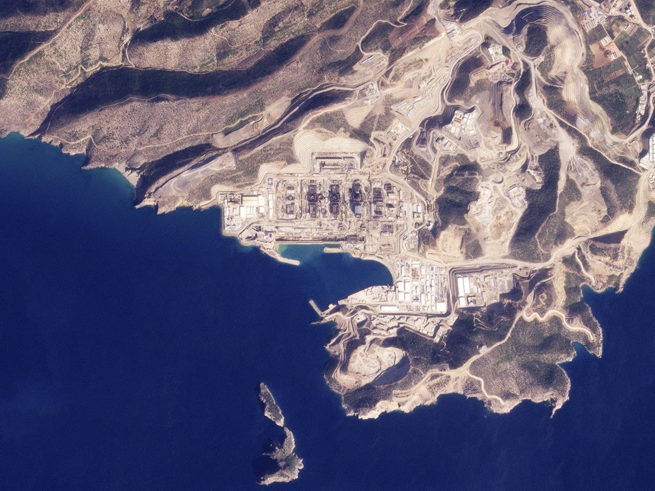 This satellite image from Planet Labs PBC shows the under-construction Akkuyu nuclear power plant i...