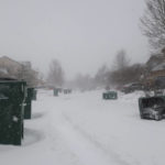 
              Strong wind gusts blew over trash cans in a neighborhood west of Flagstaff, Ariz., on Wednesday, Feb. 22, 2023. The storm forced closures of schools and government offices in northern Arizona, and a more than 200-mile stretch of Interstate 40. (AP Photo/Felicia Fonseca)
            