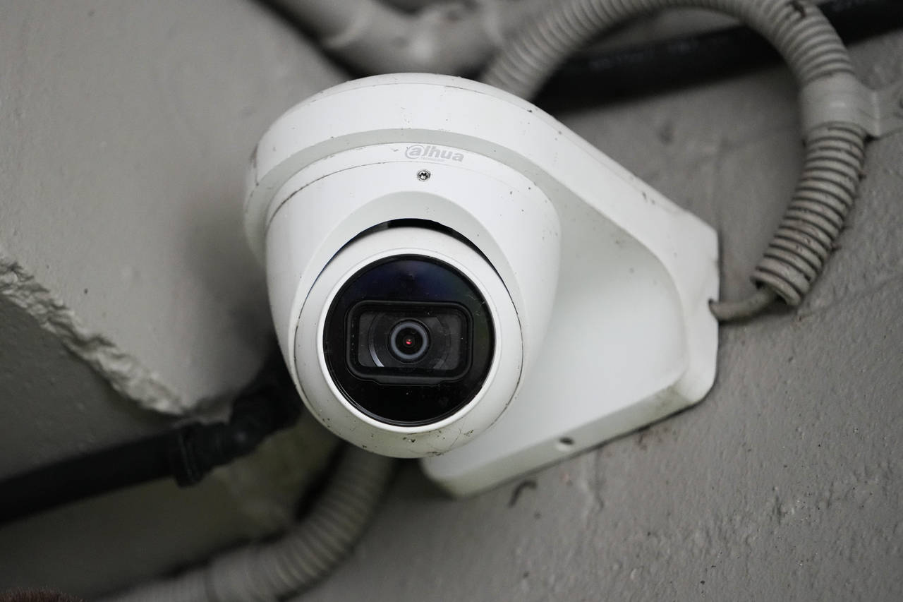 This shows a Chinese Dahua brand security camera in Sydney, Australia, Thursday, Feb. 9, 2023. Aust...