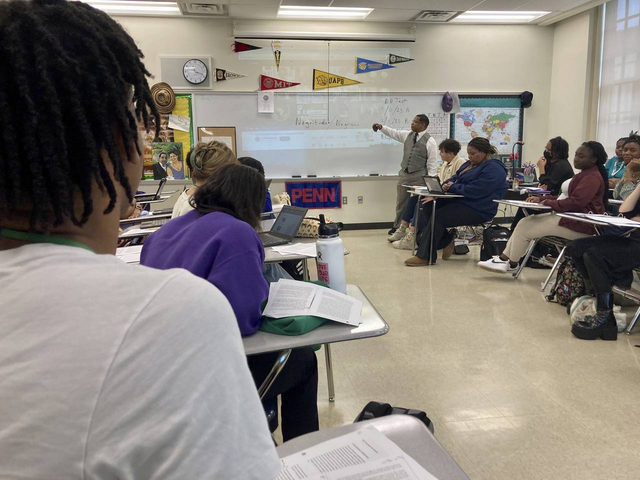 Emmitt Glynn teaches AP African American studies to a group of Baton Rouge Magnet High School stude...