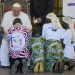 
              Pope Francis meets with victims of violence in eastern Congo, at the Apostolic Nunciature in Kinshasa, Democratic Republic of Congo, Wednesday, Feb. 1, 2023. Francis is in Congo and South Sudan for a six-day trip, hoping to bring comfort and encouragement to two countries that have been riven by poverty, conflicts and what he calls a "colonialist mentality" that has exploited Africa for centuries. (AP Photo/Gregorio Borgia)
            