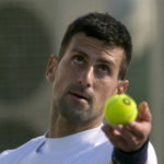 
              Serbian tennis player Novak Djokovic serves the ball during his open practise session in Belgrade, Serbia, Wednesday, Feb. 22, 2023. Djokovic said Wednesday he still hopes US border authorities would allow him entry to take part in two ATP Masters tennis tournaments despite being unvaccinated against the coronavirus. (AP Photo/Darko Vojinovic)
            