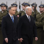 
              Polish President Andrzej Duda, left, welcomes President Joe Biden at the Presidential Palace in Warsaw, Ukraine, Tuesday, Feb. 21, 2023. Biden is visiting Poland a day after an unannounced visit to Kyiv to meet President Volodymyr Zelenskyy, that comes days before the first anniversary of Russia's invasion of Ukraine. (AP Photo/Czarek Sokolowski)
            