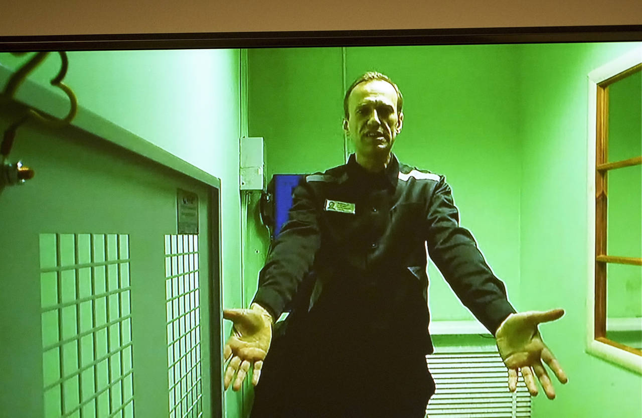 FILE - Russian opposition leader Alexei Navalny is seen on a TV screen, as he appears in a video li...
