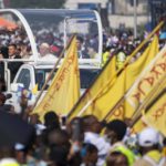 
              Pope Francis arrives at Ndolo airport to celebrate Holy Mass in Kinshasa, Congo, Wednesday Feb. 1, 2023. Francis is in Congo and South Sudan for a six-day trip, hoping to bring comfort and encouragement to two countries that have been riven by poverty, conflicts and what he calls a "colonialist mentality" that has exploited Africa for centuries. (AP Photo/Jerome Delay)
            