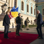 
              President Joe Biden meets with Ukrainian President Volodymyr Zelenskyy at Mariinsky Palace on a surprise visit, Monday, Feb. 20, 2023, in Kyiv. (AP Photo/ POOL/ Evan Vucci)
            