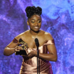 
              Samara Joy accepts the award for best jazz vocal album for "Linger Awhile" at the 65th annual Grammy Awards on Sunday, Feb. 5, 2023, in Los Angeles. (AP Photo/Chris Pizzello)
            