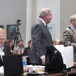 
              Defense attorney Dick Harpootlian, standing left, and prosecutor Creighton Waters, right, speak about admissibility of evidence during Alex Murdaugh's trial for murder at the Colleton County Courthouse in Walterboro, S.C., on Wednesday, Feb. 15, 2023. The 54-year-old attorney is standing trial on two counts of murder in the shootings of his wife and son at their Colleton County, S.C., home and hunting lodge on June 7, 2021. (Joshua Boucher/The State via AP, Pool)
            