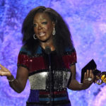 
              Viola Davis accepts the award for best audio book, narration, and storytelling recording for "Finding Me: A Memoir" at the 65th annual Grammy Awards on Sunday, Feb. 5, 2023, in Los Angeles. (AP Photo/Chris Pizzello)
            
