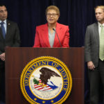 Los Angeles Mayor Karen Bass denounces anti-Semitism and hate crimes at a news conference at the U.S. Attorney's Office Central District of California offices in Los Angeles Friday, Feb. 17, 2023. At left, United States Attorney Martin Estrada and FBI Assistant Director in Charge Don Always, right. A person was taken into custody Thursday in connection with the shootings of two Jewish men outside synagogues in Los Angeles this week that investigators believe were hate crimes, police said. (AP Photo/Damian Dovarganes)