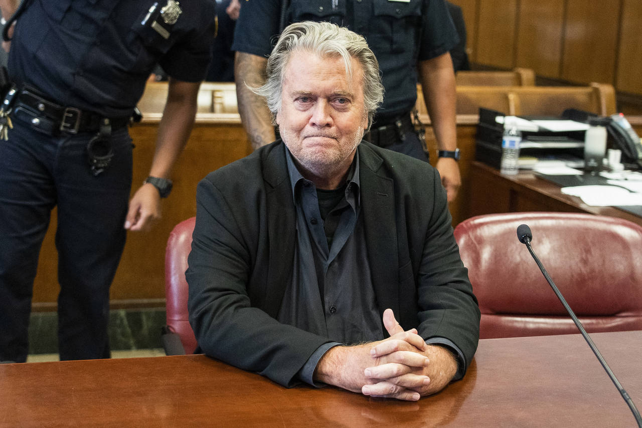 FILE - Former White House strategist Steve Bannon waits for his arraignment in Manhattan State Supr...