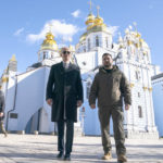 
              President Joe Biden walks with Ukrainian President Volodymyr Zelenskyy at St. Michael's Golden-Domed Cathedral on a surprise visit, Monday, Feb. 20, 2023, in Kyiv. (AP Photo/ Evan Vucci)
            