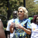 
              U.S. first lady Jill Biden, center, visits Hello Tractor, an organization connecting tractor owners and smallholder farmers, in Nairobi, Kenya, Saturday, Feb. 25, 2023. (AP Photo/Brian Inganga)
            