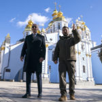 
              President Joe Biden walks with Ukrainian President Volodymyr Zelenskyy at St. Michaels Golden-Domed Cathedral on a surprise visit, Monday, Feb. 20, 2023, in Kyiv. (AP Photo/ Evan Vucci)
            