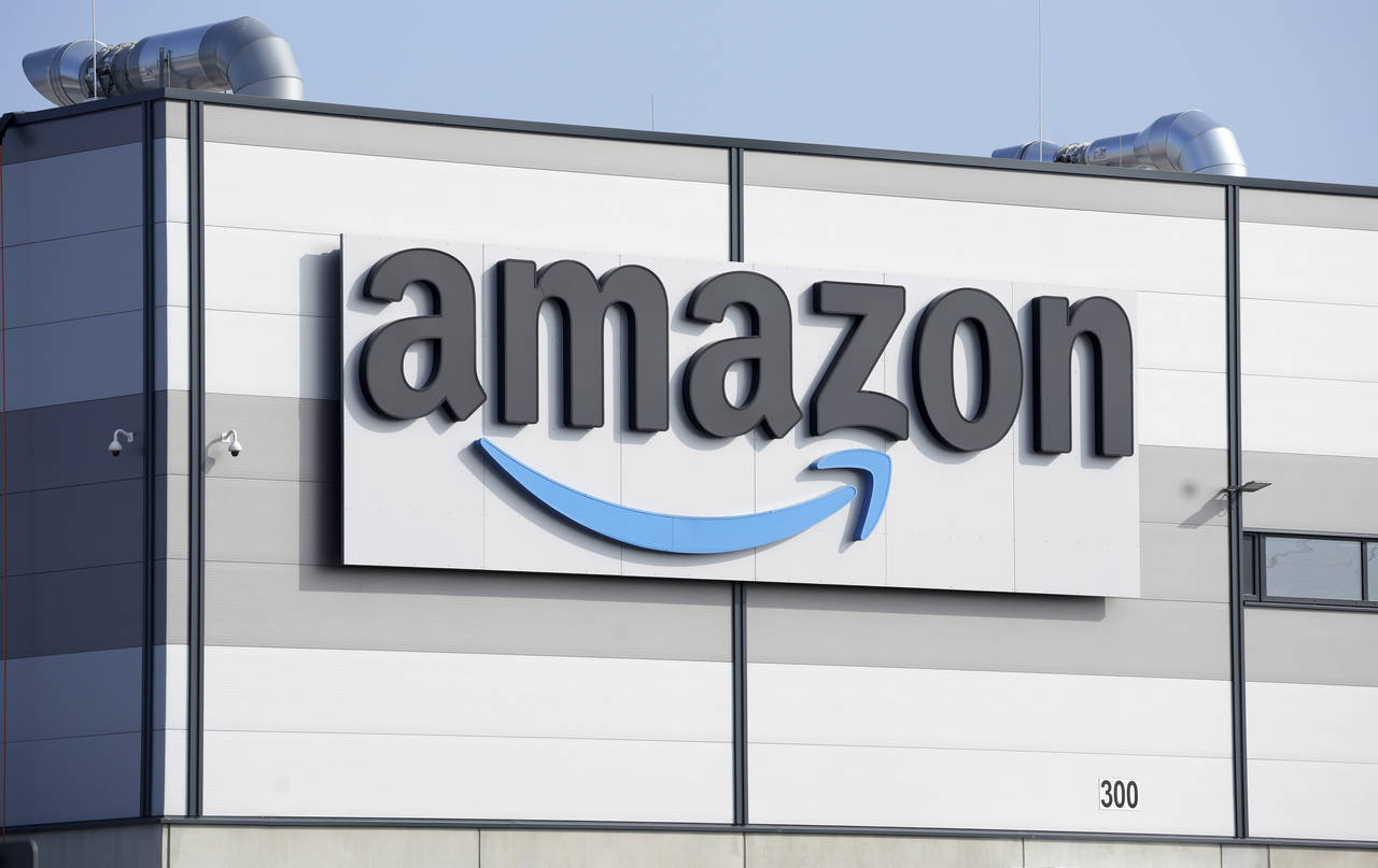 FILE - An Amazon company logo on the company's building in Schoenefeld near Berlin, Germany, March ...