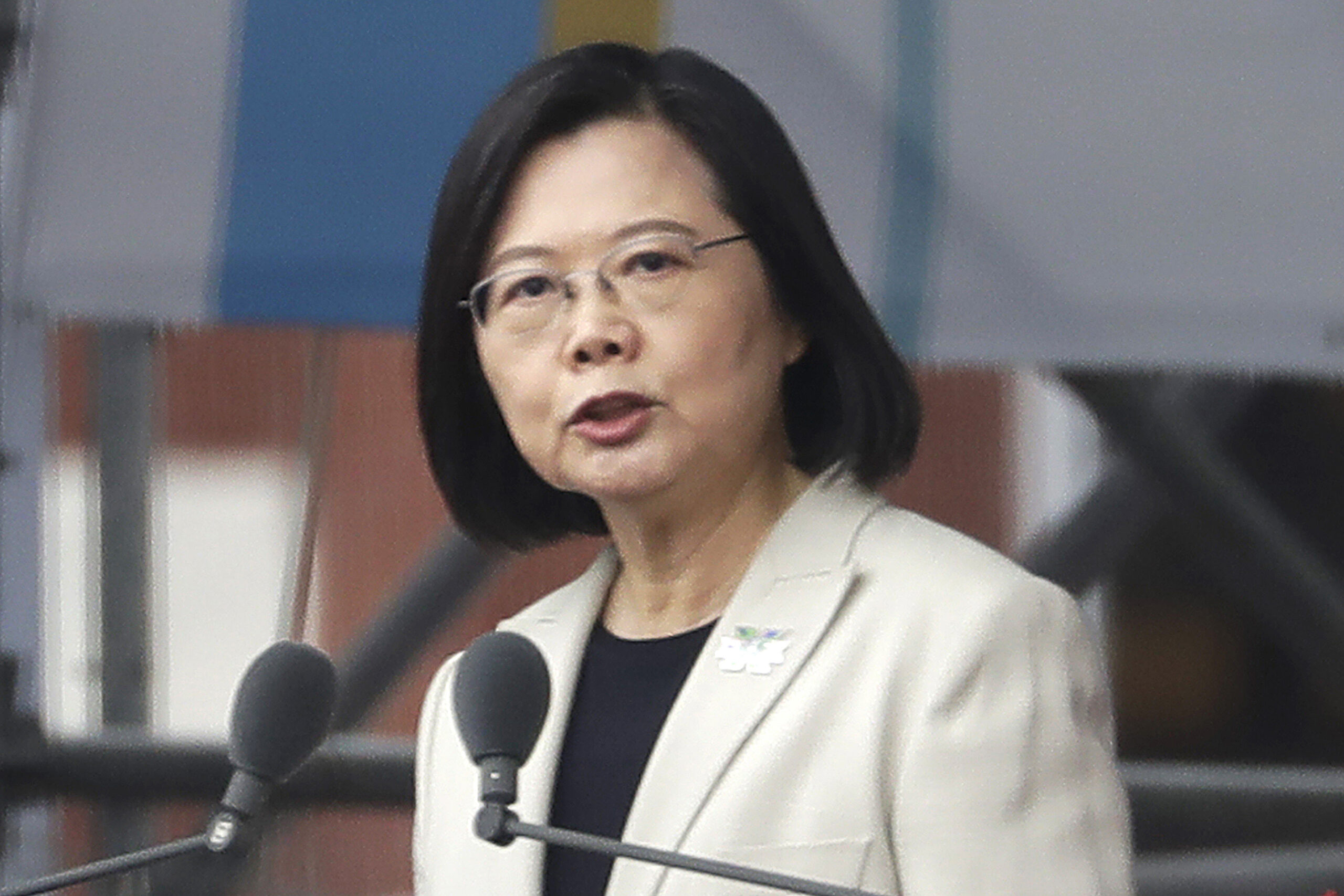 FILE - Taiwanese President Tsai Ing-wen delivers a speech during National Day celebrations in front...