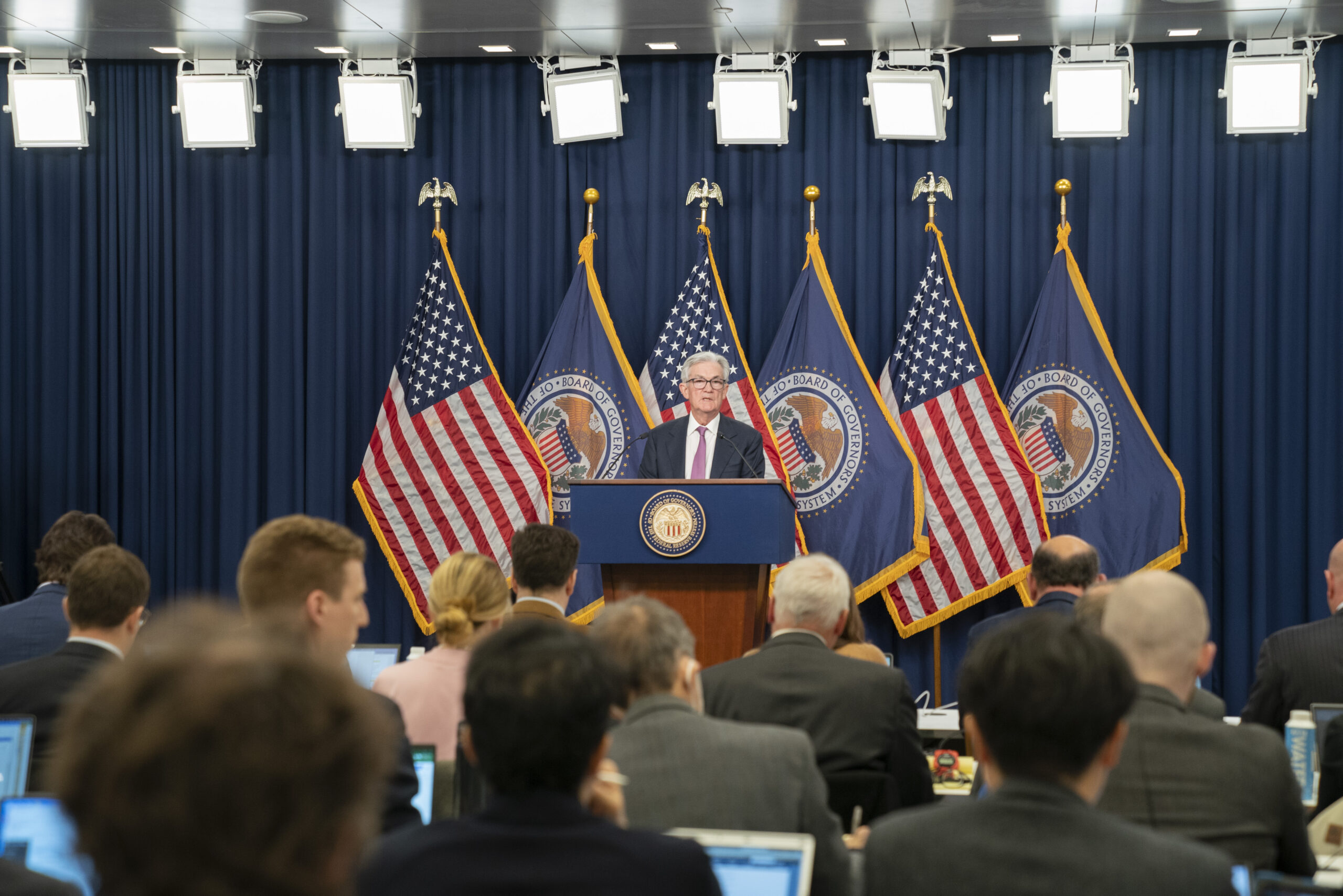 File - Federal Reserve chair Jerome Powell speaks during a news conference, Wednesday, Feb. 1, 2023...