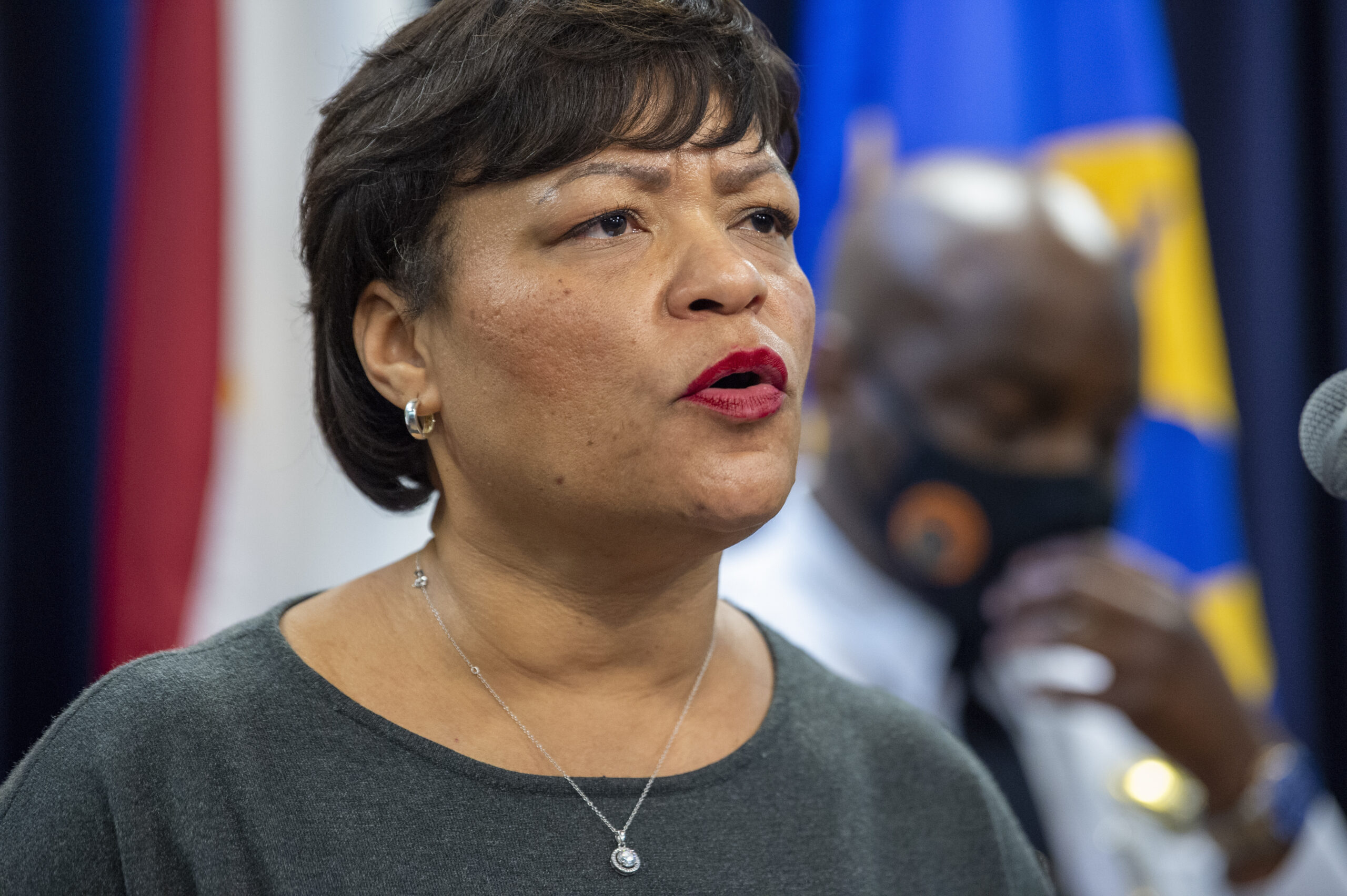FILE - New Orleans Mayor LaToya Cantrell speaks at the police headquarters in New Orleans about the...
