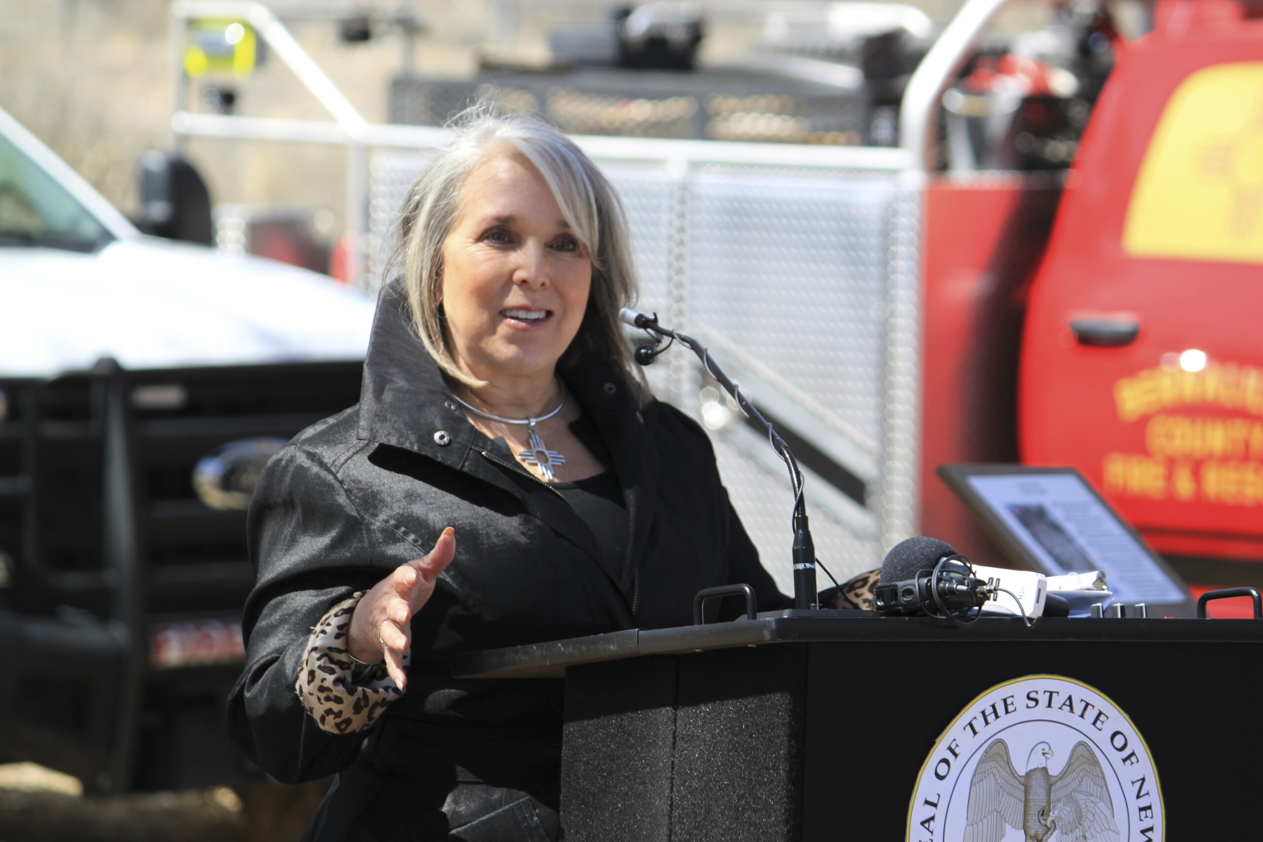 New Mexico Gov. Michelle Lujan Grisham urges caution as wildfire season gets under way during a new...
