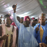 
              Bola Tinubu of the All Progressives Congress, center, celebrates with supporters at the party's campaign headquarters after winning the presidential elections in Abuja, Nigeria, Wednesday, March 1, 2023. Election officials declared ruling party candidate Tinubu the winner of Nigeria's presidential election with the two leading opposition candidates already demanding a re-vote in Africa's most populous nation. (AP Photo/Ben Curtis)
            