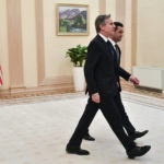 
              U.S. Secretary of State Antony Blinken, foreground, and Uzbekistan Acting Foreign Minister Bakhtiyor Saidov walk for the talks after posing for a photo during their meeting at the National Library in Tashkent, Uzbekistan, Wednesday, March 1, 2023. (AP Photo)
            
