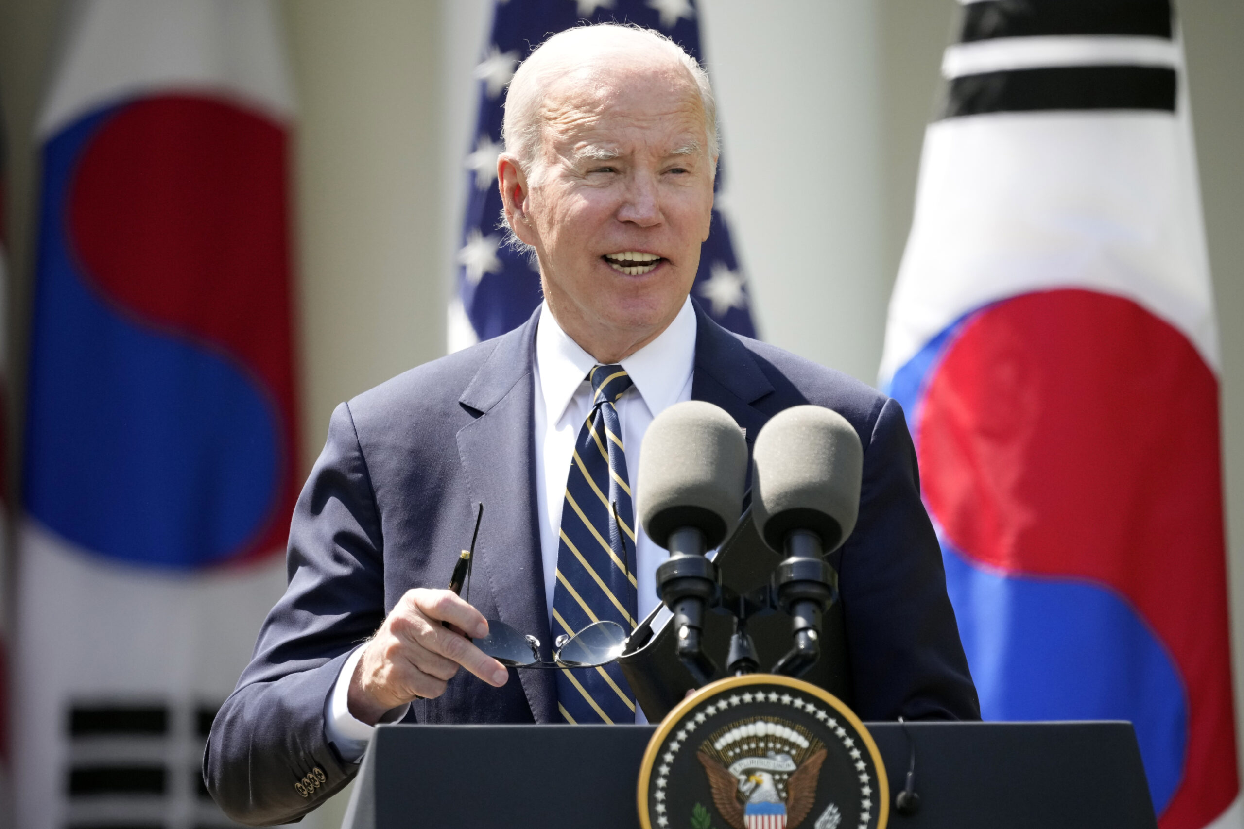 President Joe Biden speaks during a news conference with South Korea's President Yoon Suk Yeol in t...