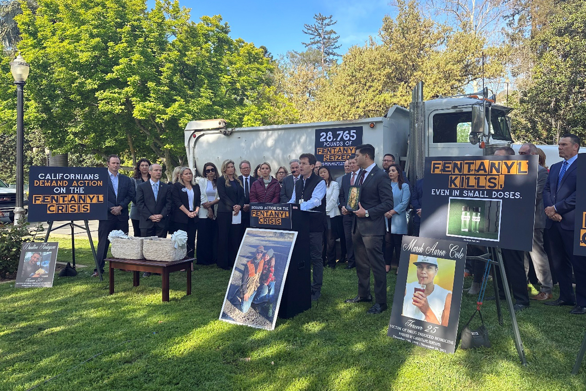 Matt Capelouto, whose daughter died from a fentanyl overdose, speaks at a news conference outside t...