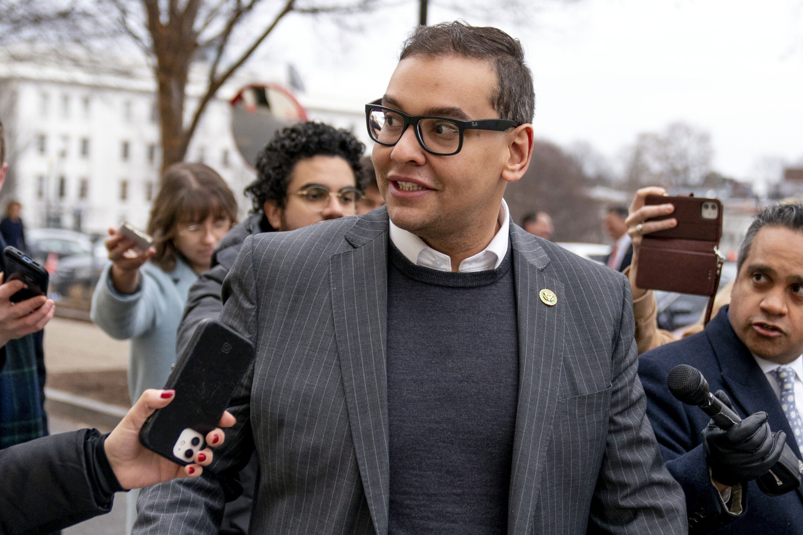 FILE - U.S. Rep. George Santos, R-N.Y., leaves a House GOP conference meeting on Capitol Hill in Wa...