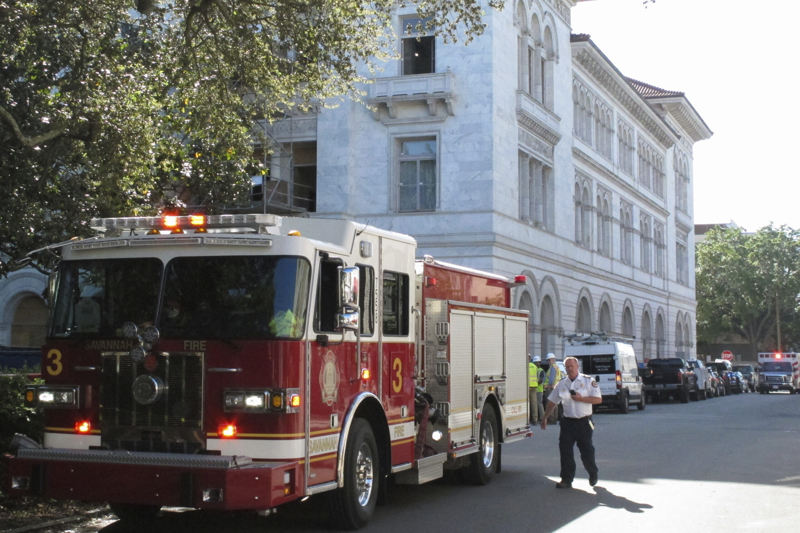 A firetruck sits outside the historic federal courthouse on Tuesday, April 11, 2023, in Savannah, G...