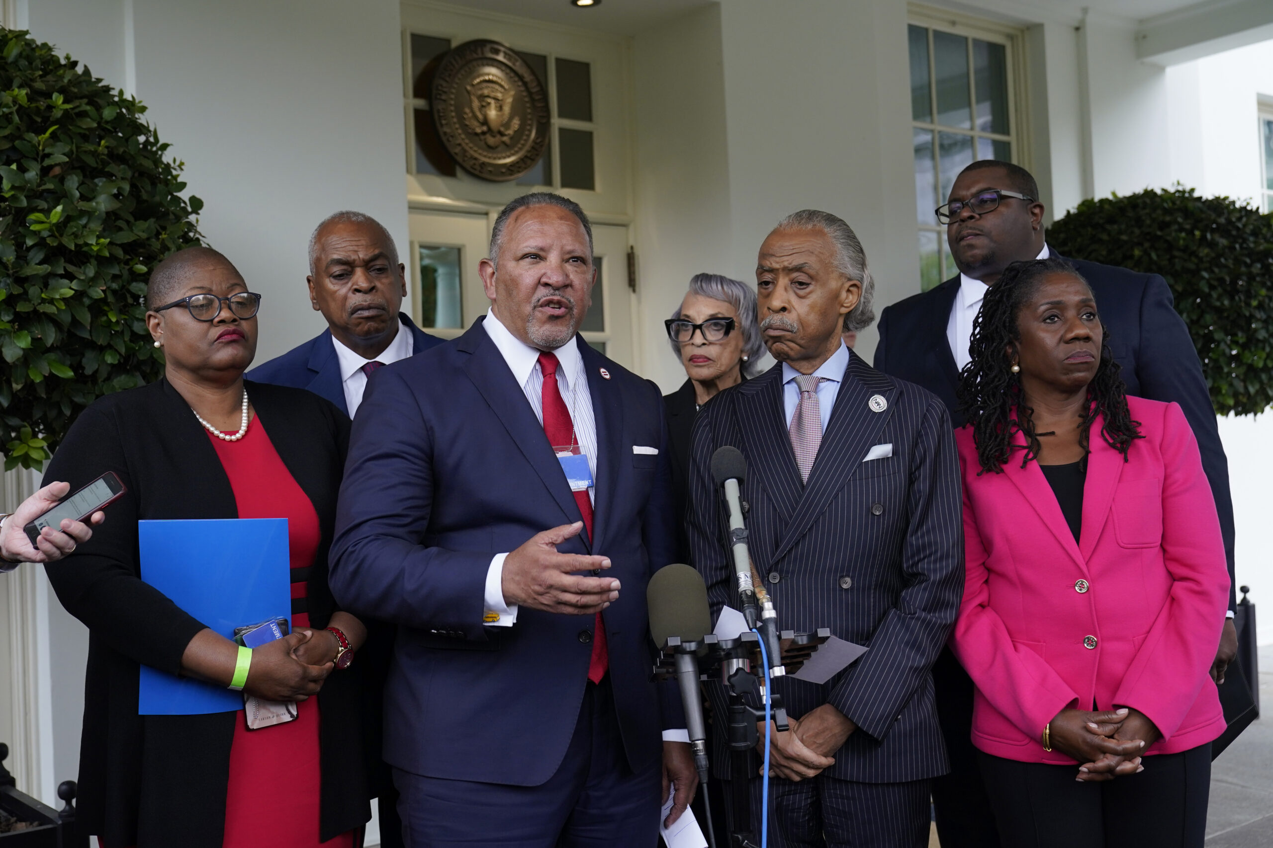 FILE - Marc Morial, center, President and Chief Executive Officer of the National Urban League, tal...