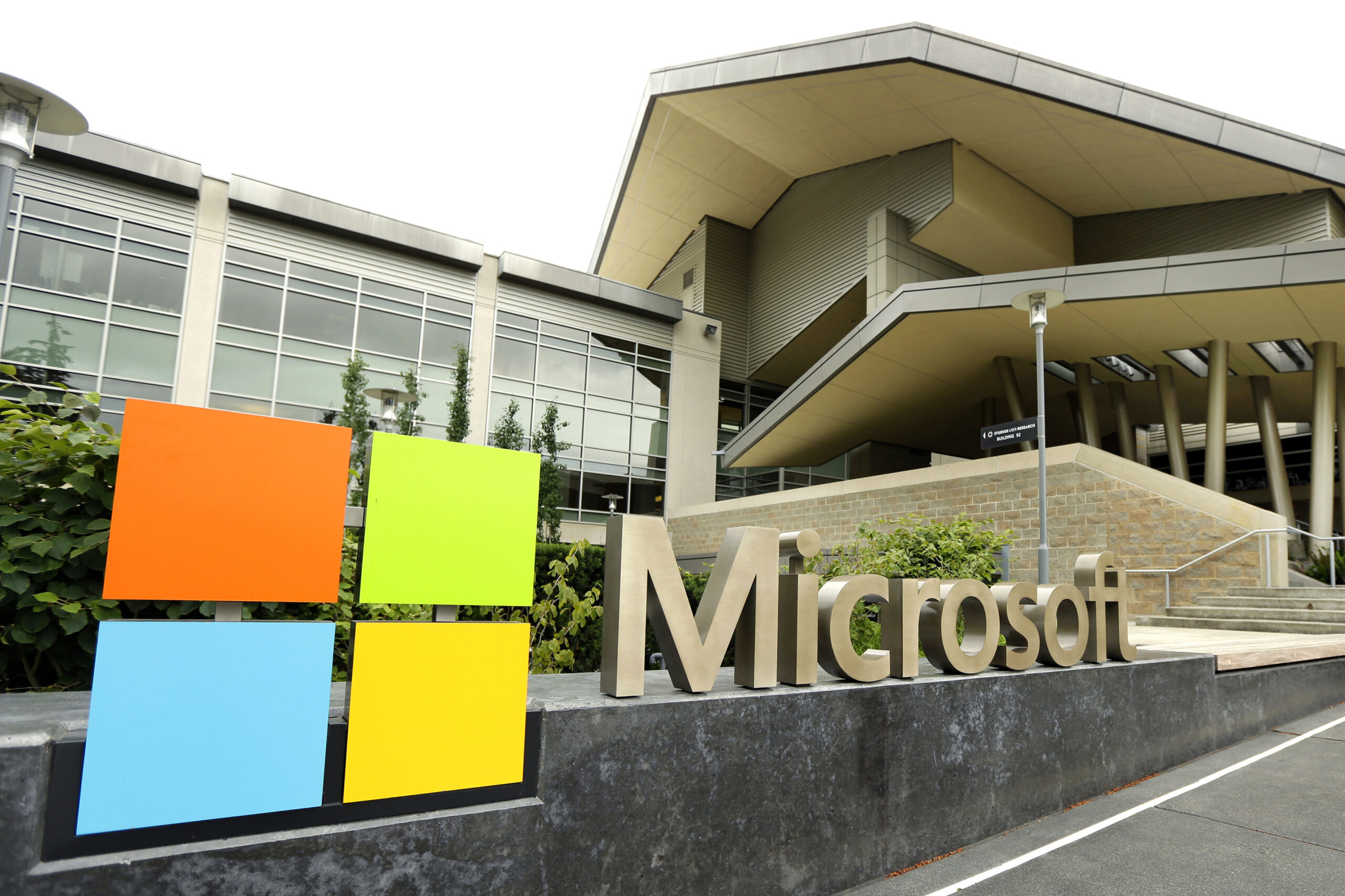 FILE - In this July 3, 2014, file photo, the Microsoft Corp. logo is displayed outside the Microsof...