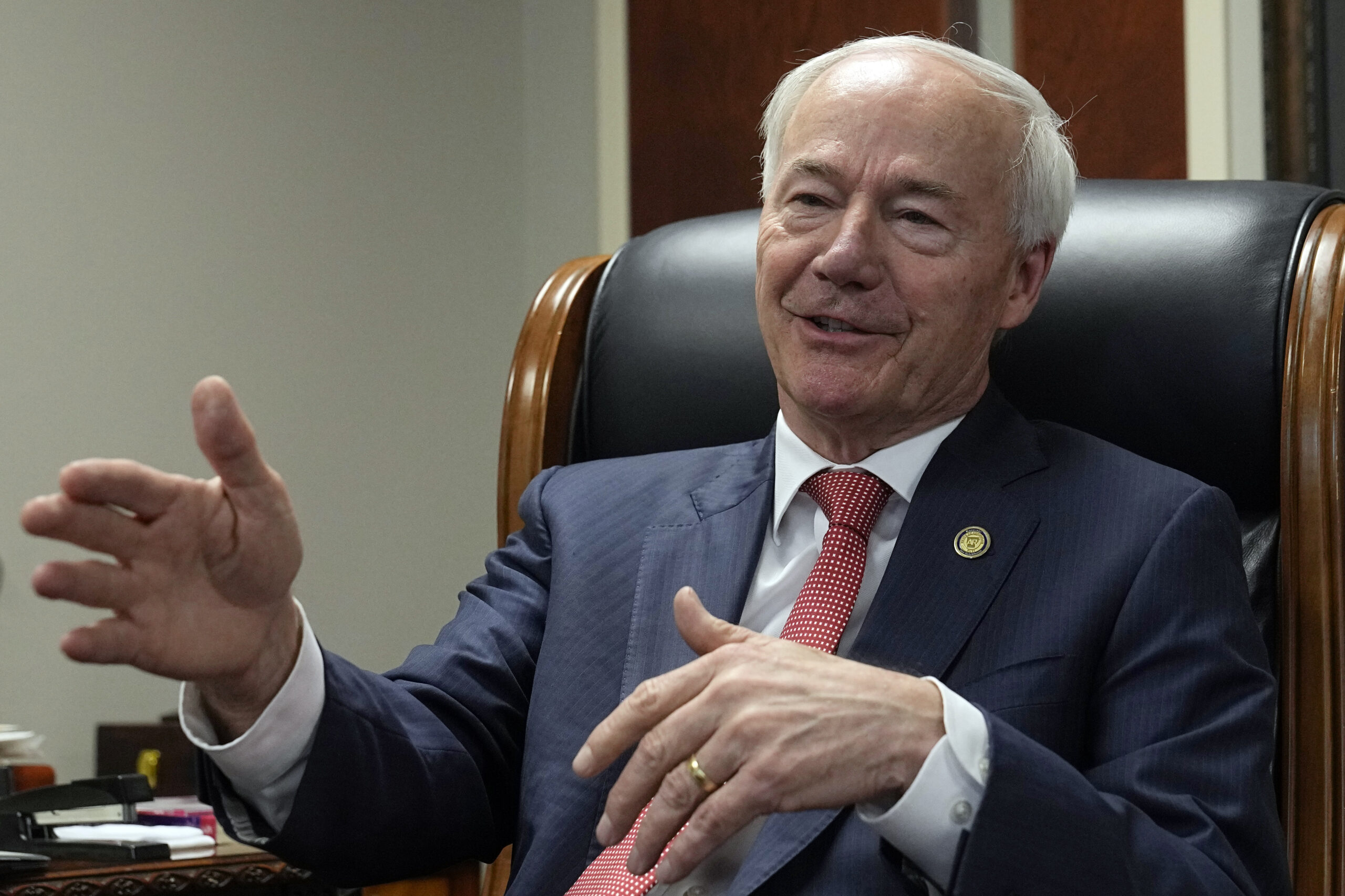 Former Arkansas Gov. Asa Hutchinson speaks during an interview in his office Wednesday, April 19, 2...