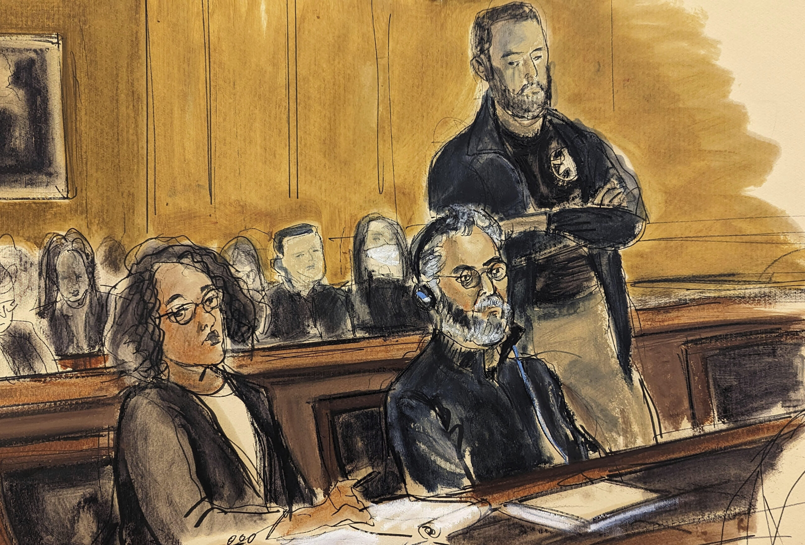 FILE - In this courtroom sketch, Guo Wengui, seated center, and his attorney Tamara Giwa, left, app...