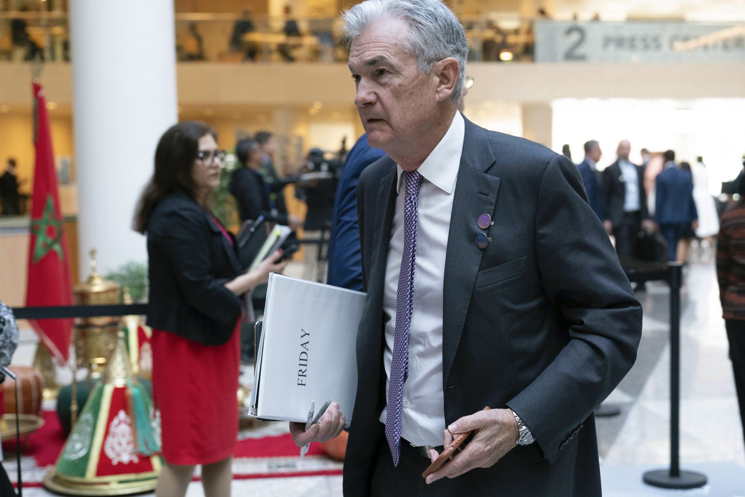 Federal Reserve Chairman Jerome Powell arrives for the plenary of the International Monetary and Fi...