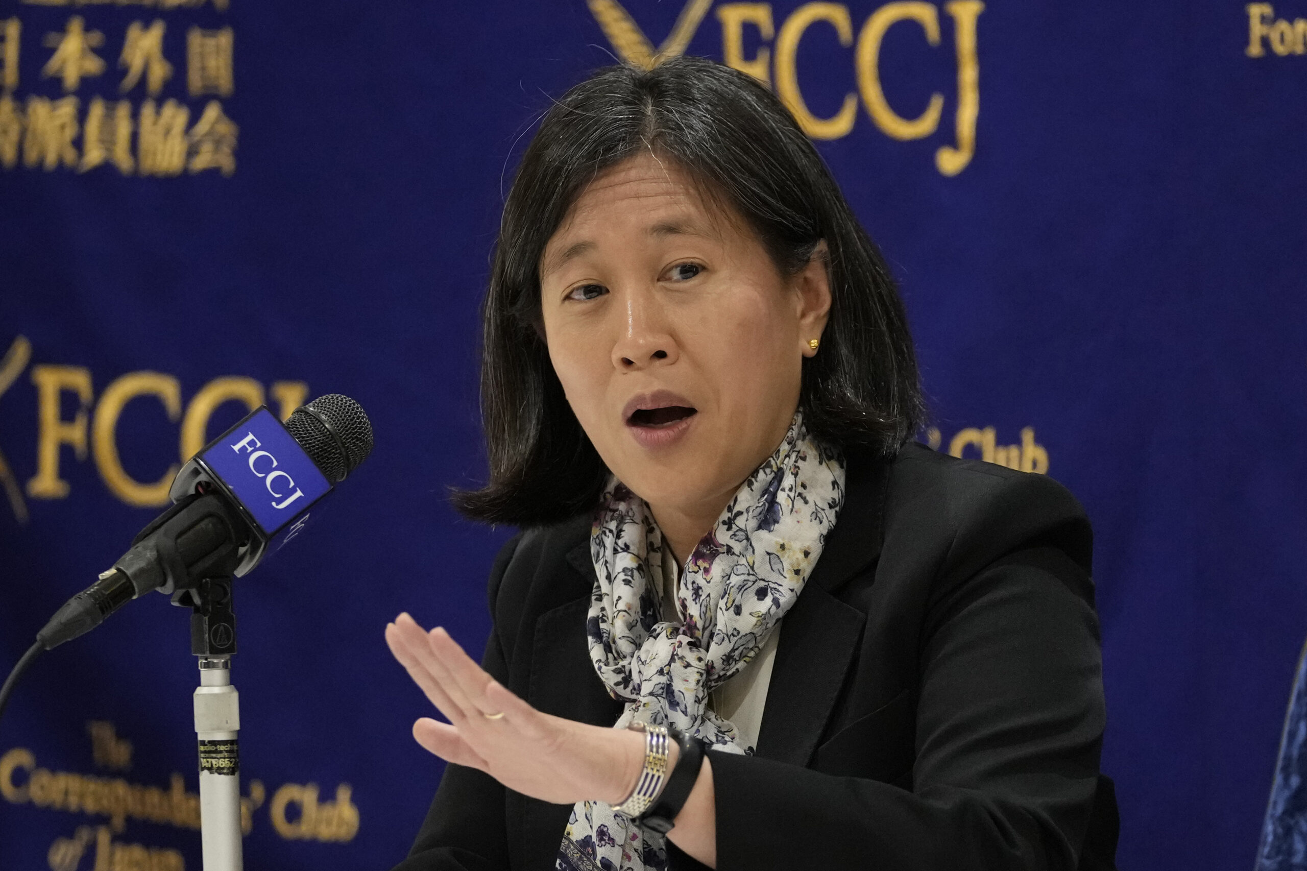 U.S. Trade Representative Katherine Tai speaks at a press conference at the Foreign Correspondents'...