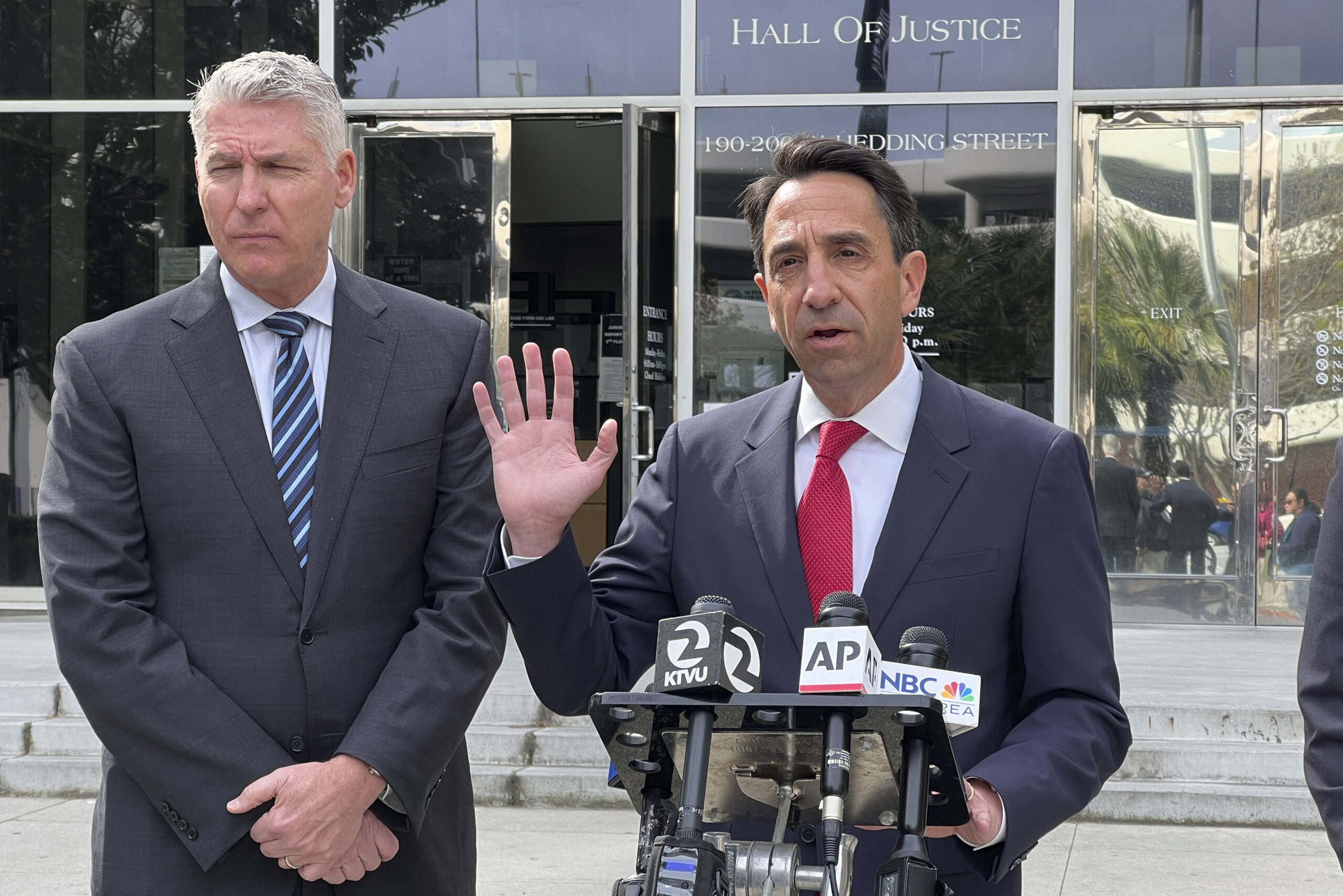 Santa Clara County District Attorney Jeff Rosen speaks outside the Hall of Justice in San Jose Cali...