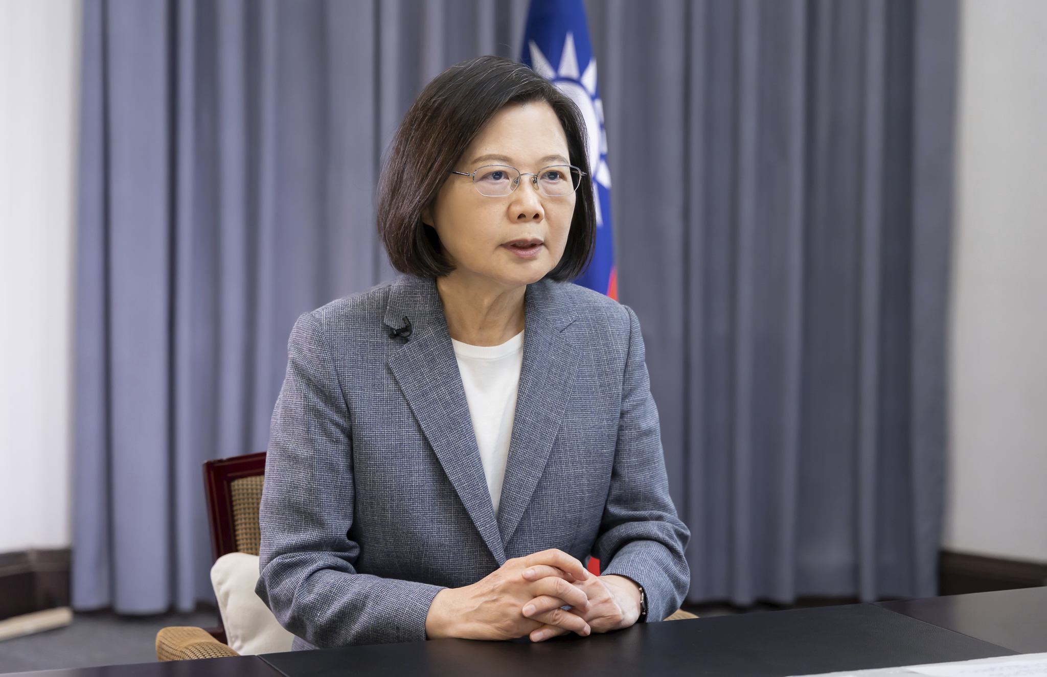 In this photo released by the Taiwan Presidential Office, Taiwan's President Tsai Ing-wen speaks ab...