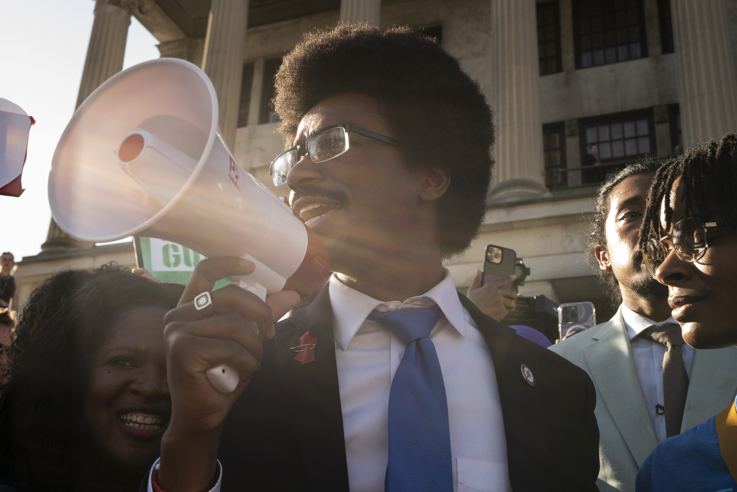 Expelled State Rep. Justin Pearson, D-Memphis, delivers remarks outside the state Capitol Monday, A...