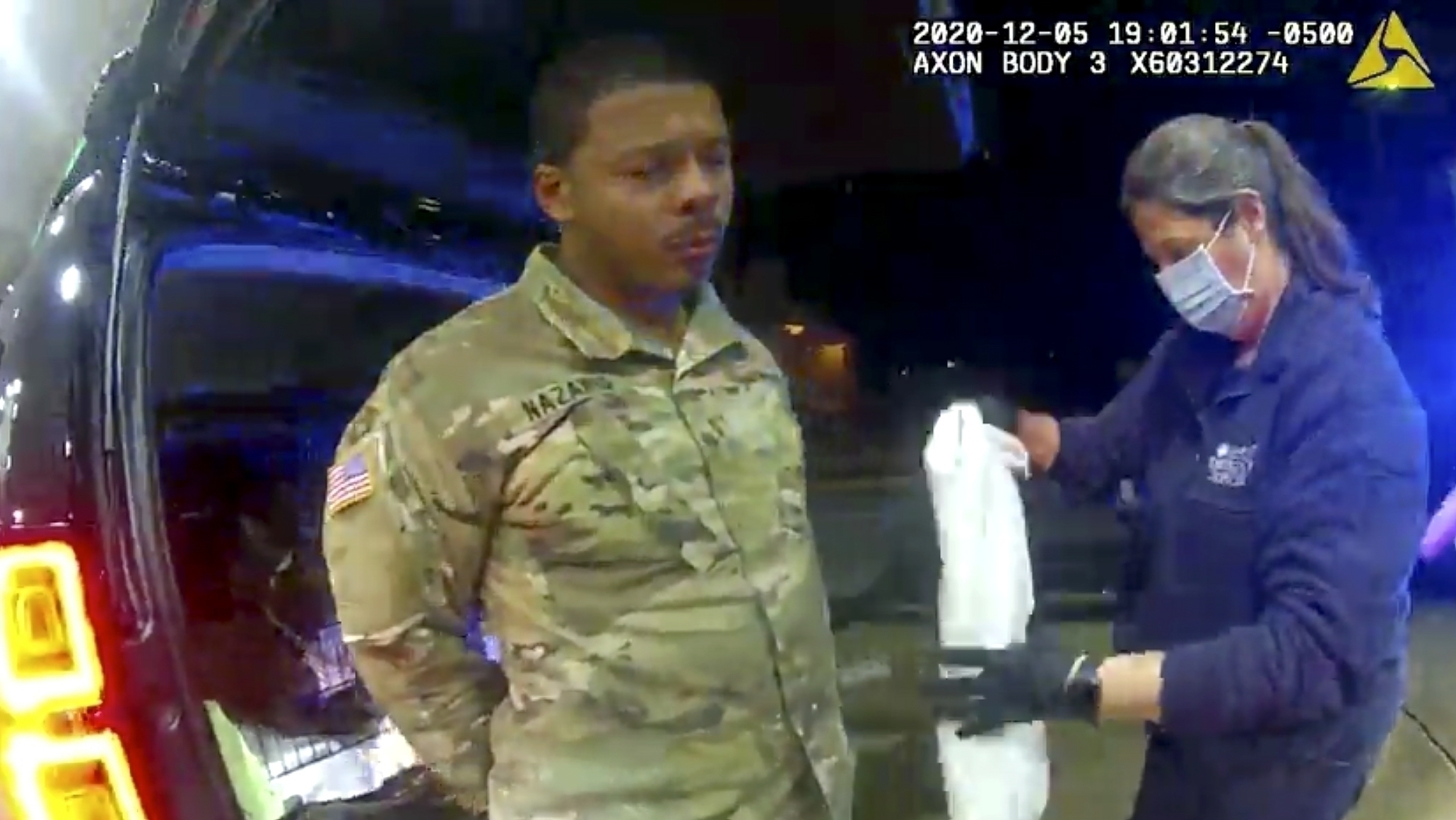 FILE - In this image taken from Windsor, Va., Police body camera footage, U.S. Army Lt. Caron Nazar...