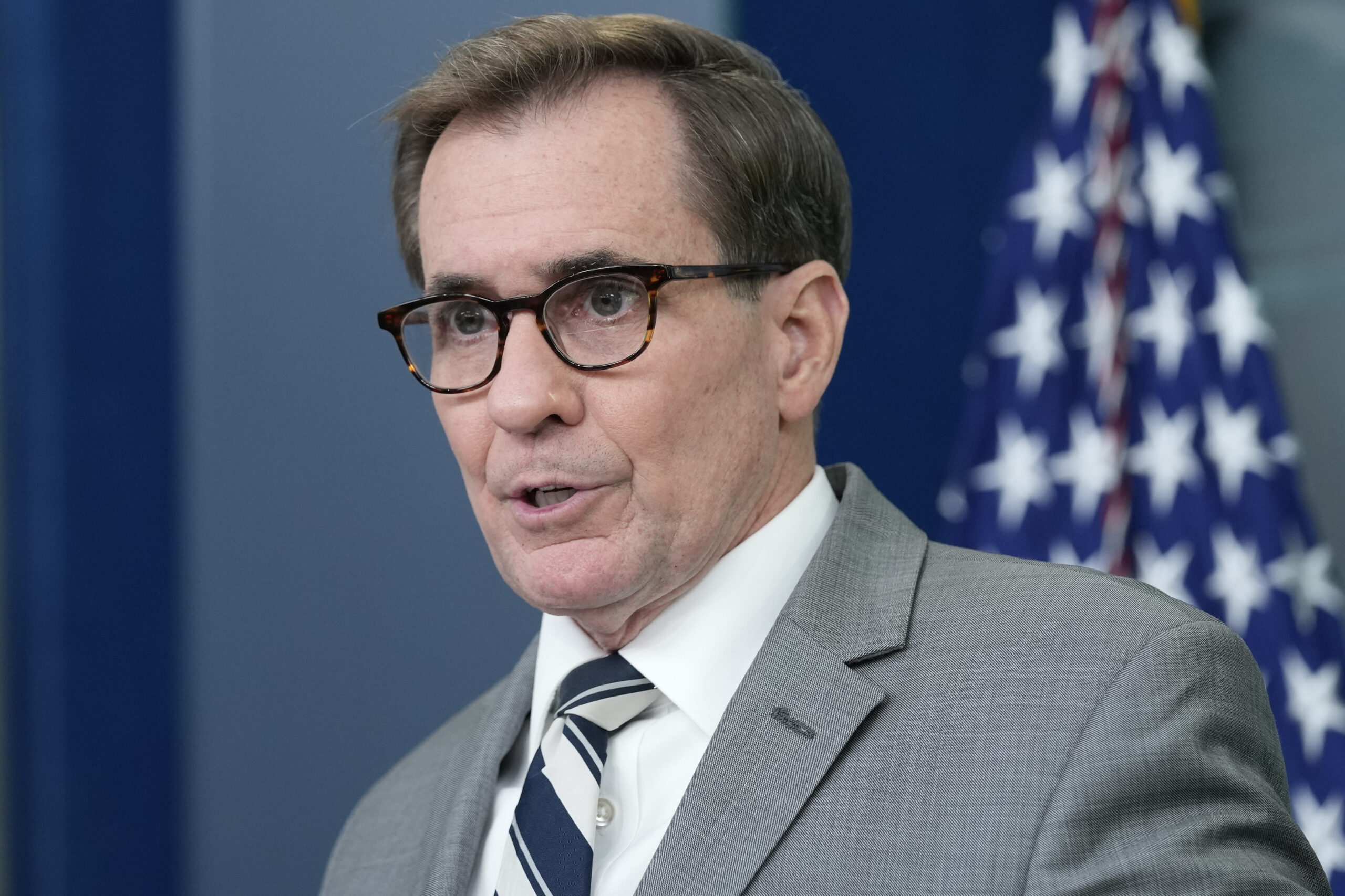 National Security Council spokesman John Kirby speaks during the daily briefing at the White House ...