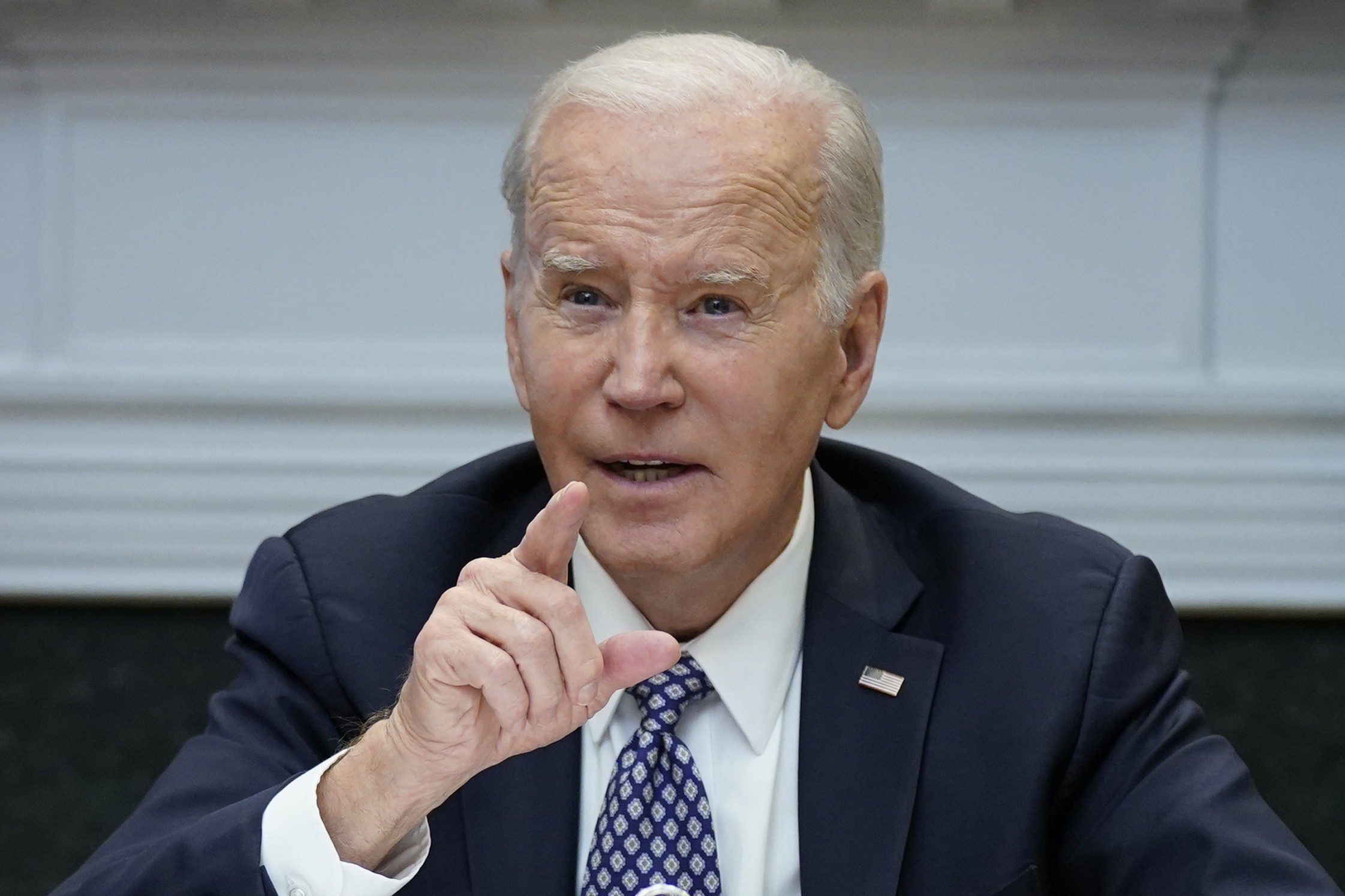 FILE - President Joe Biden speaks during a meeting with his "Investing in America Cabinet," in the ...