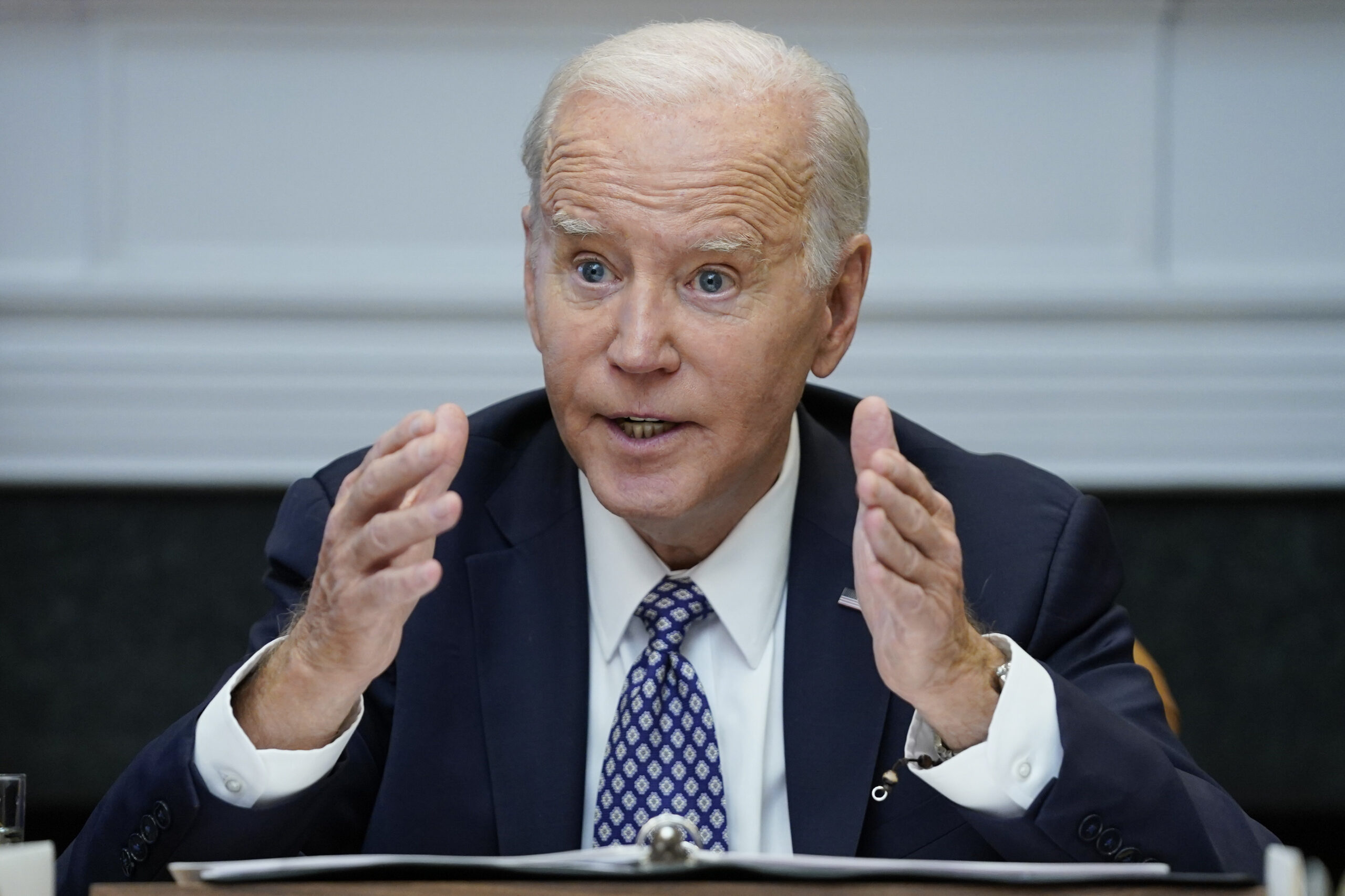 FILE - President Joe Biden speaks during a meeting with his "Investing in America Cabinet," in the ...