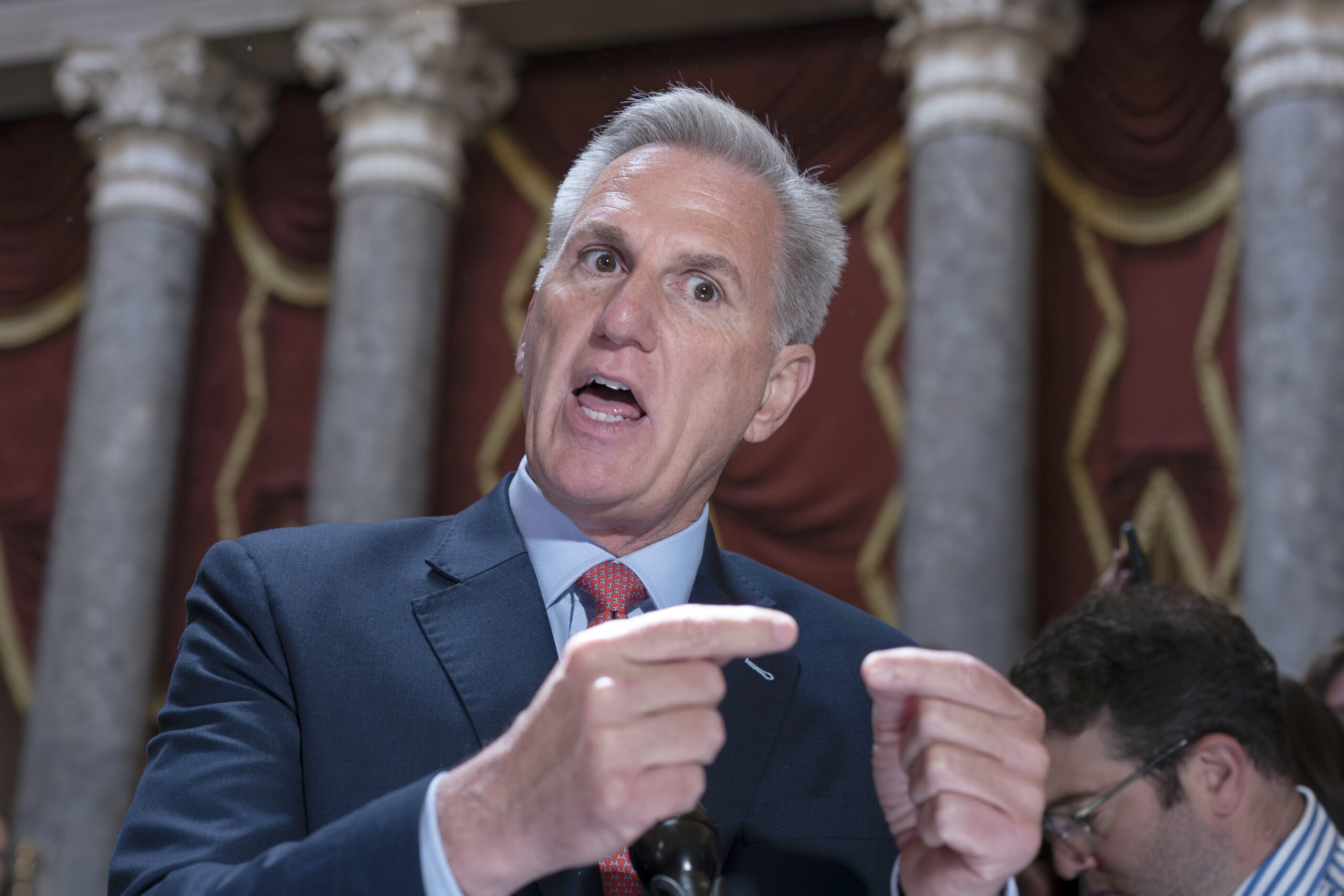 Speaker of the House Kevin McCarthy, R-Calif., expresses his frustration with Democrats and Preside...