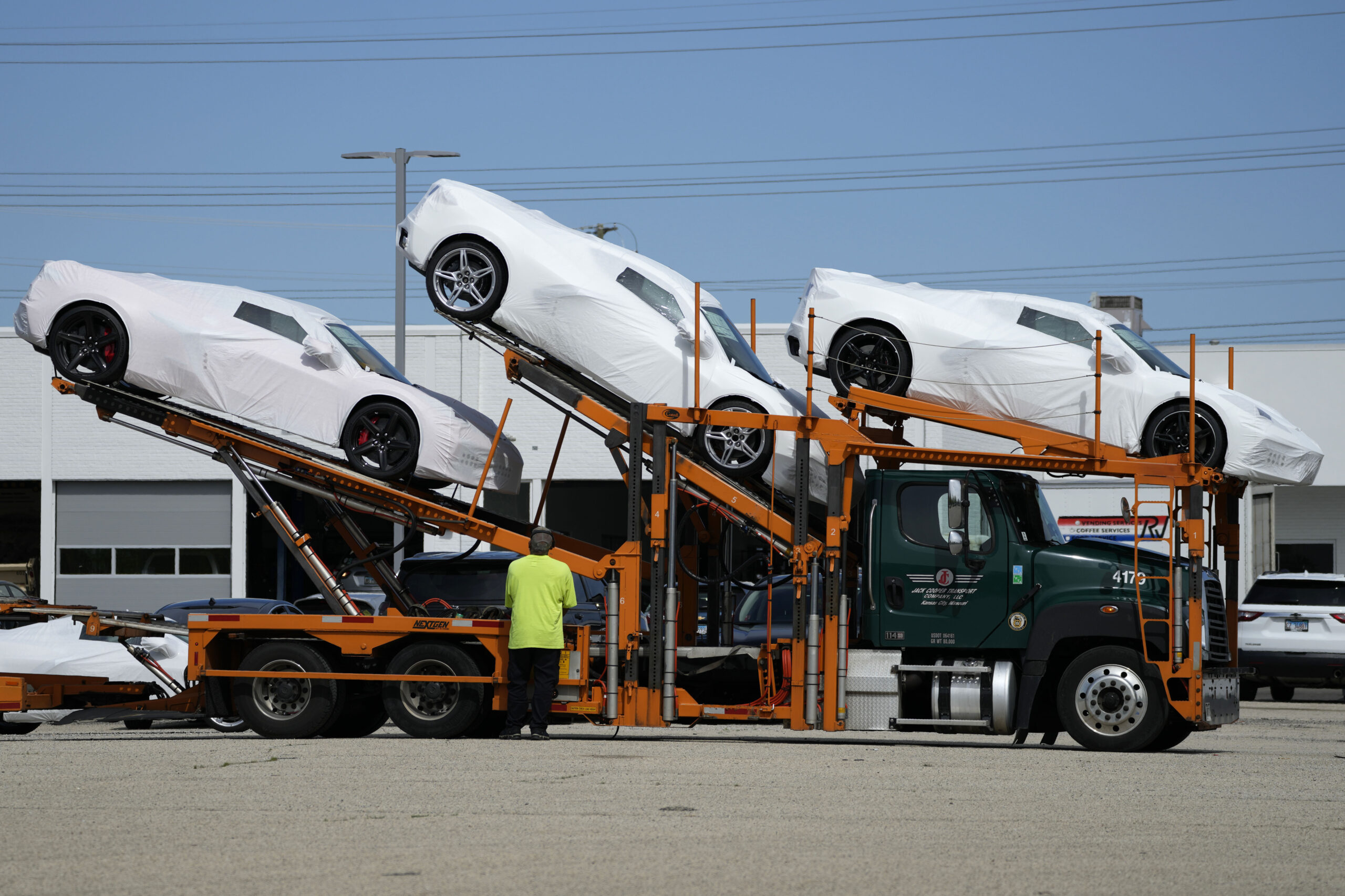 New Corvettes are delivered to a Chevrolet dealer in Wheeling, Ill., Tuesday, May 9, 2023. On Thurs...