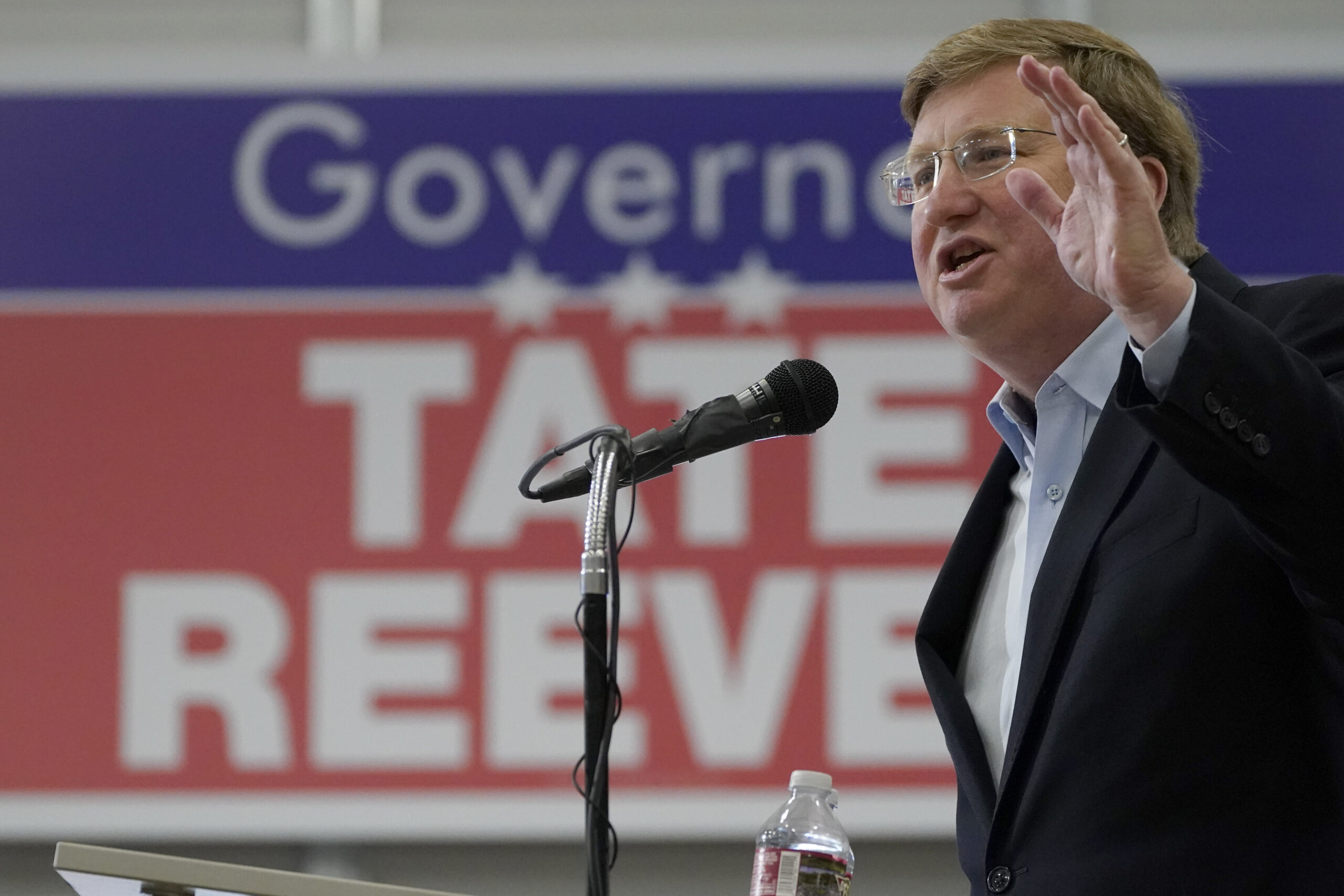Mississippi Republican Gov. Tate Reeves addresses supporters at a rally at Stribling Equipment in R...