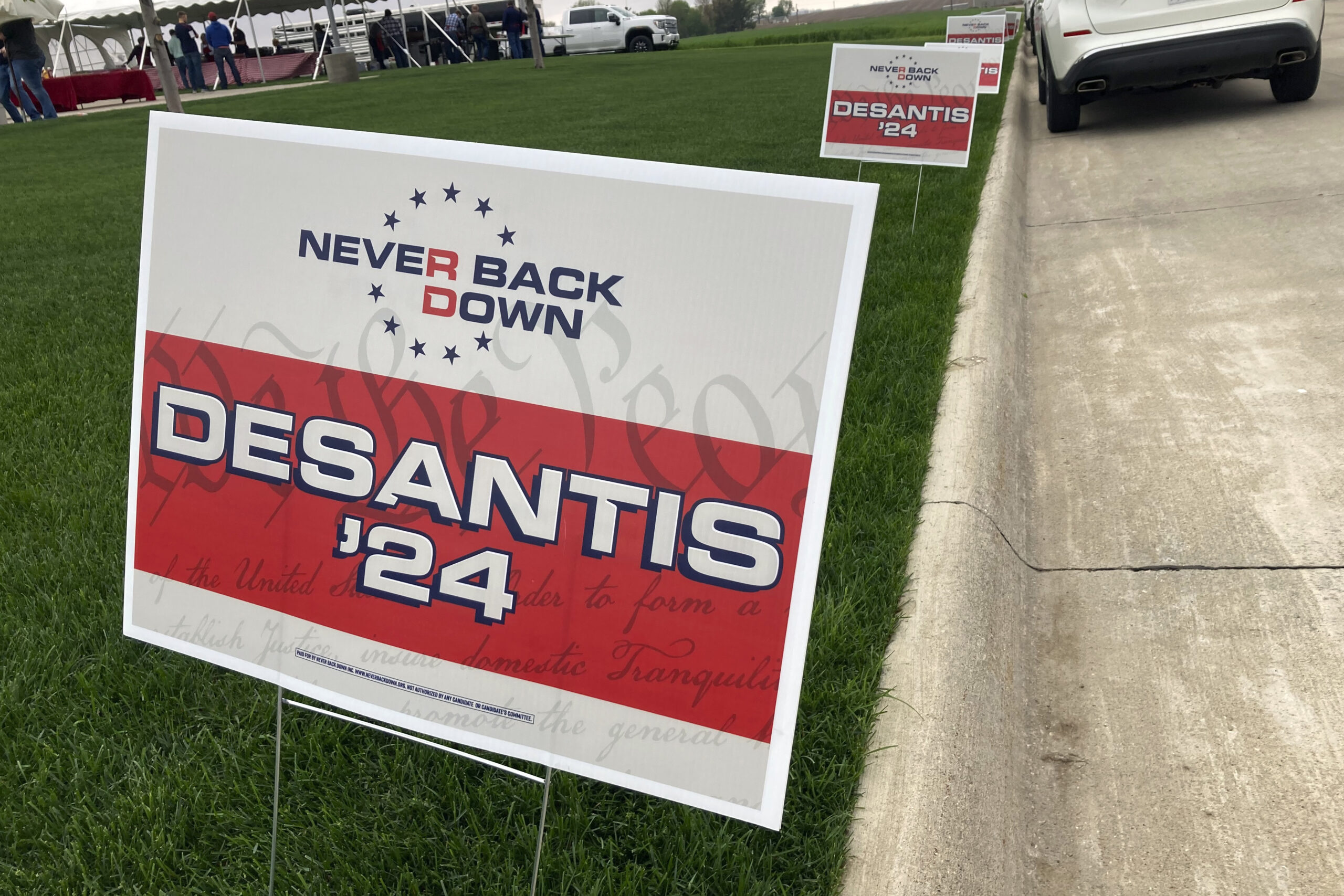 Yard signs promoting Florida Gov. Ron DeSantis in 2024, financed by the super PAC promoting DeSanti...